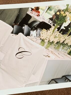 Chair Cover White Black Embroidered C on back Cotton Coastal Cottagecore Wedding